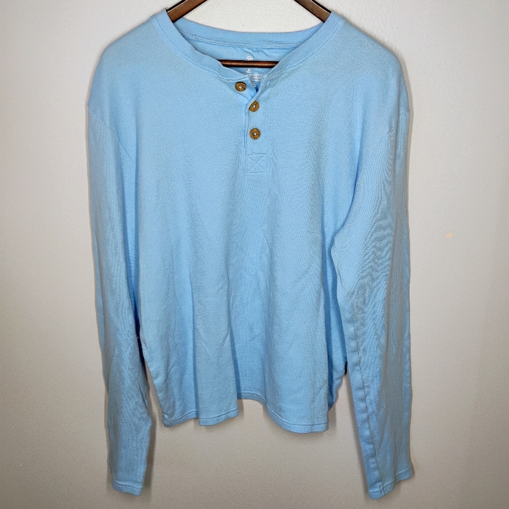 Honest Baby Clothing Waffle Knit Henley Shirt Mens‎ Medium Blue Organic Cotton